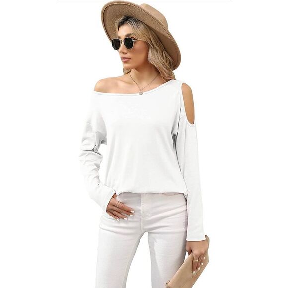 HIYIYEZI Women Cold Shoulder Tops Off One Shoulder Shirts Boat Neck Long Sleeve - Picture 5 of 6